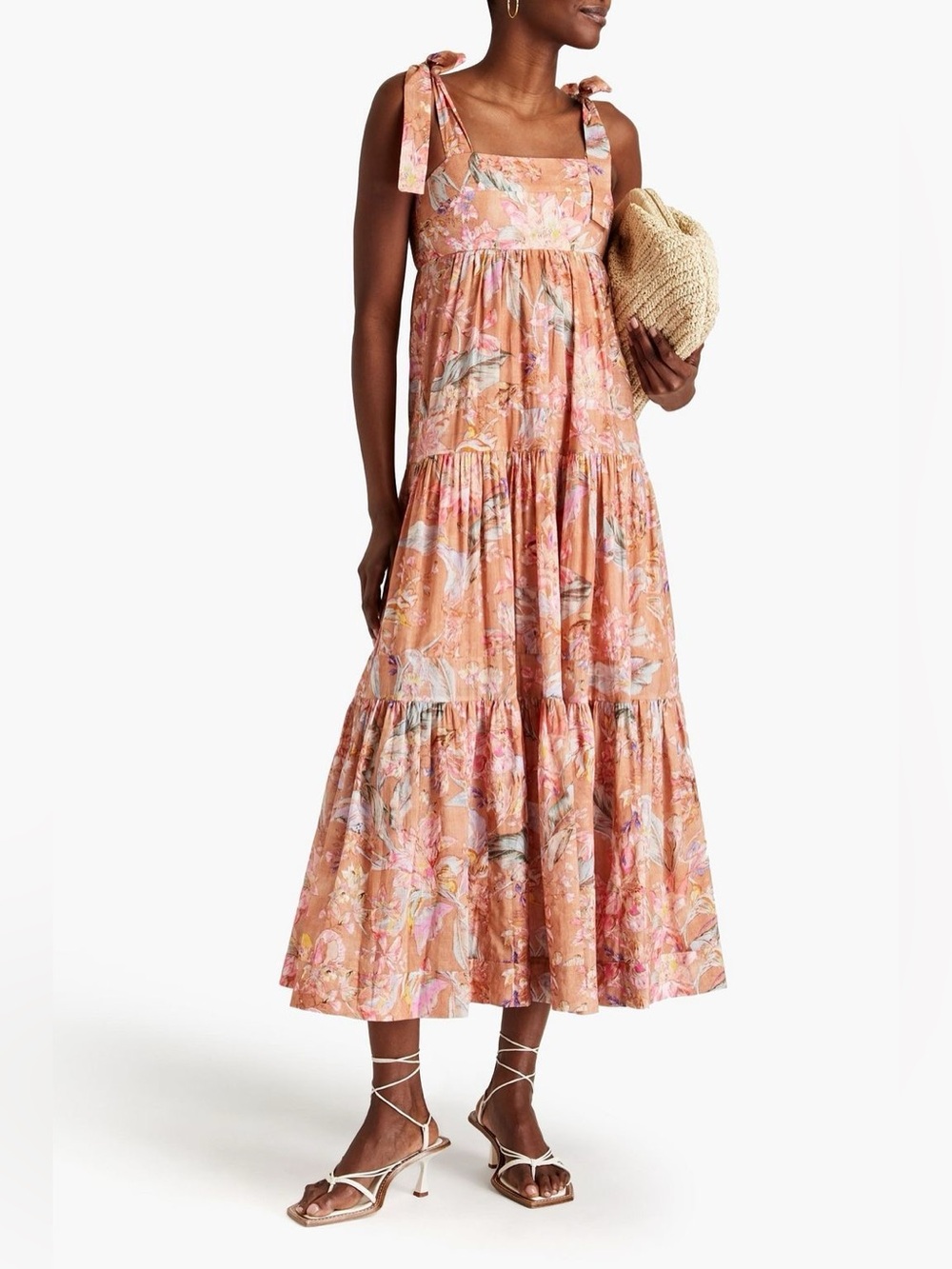 Zimmermann Cotton Cira Tie Shoulder Midi Dress Mocha Floral Size 0P/US 2 Petite